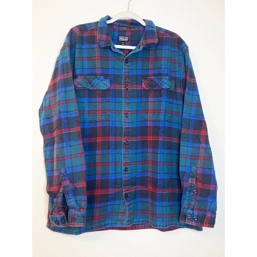 Patagonia Organic Cotton Plaid Flannel Shirt Men's XL Blue Green Red Hiking Camp